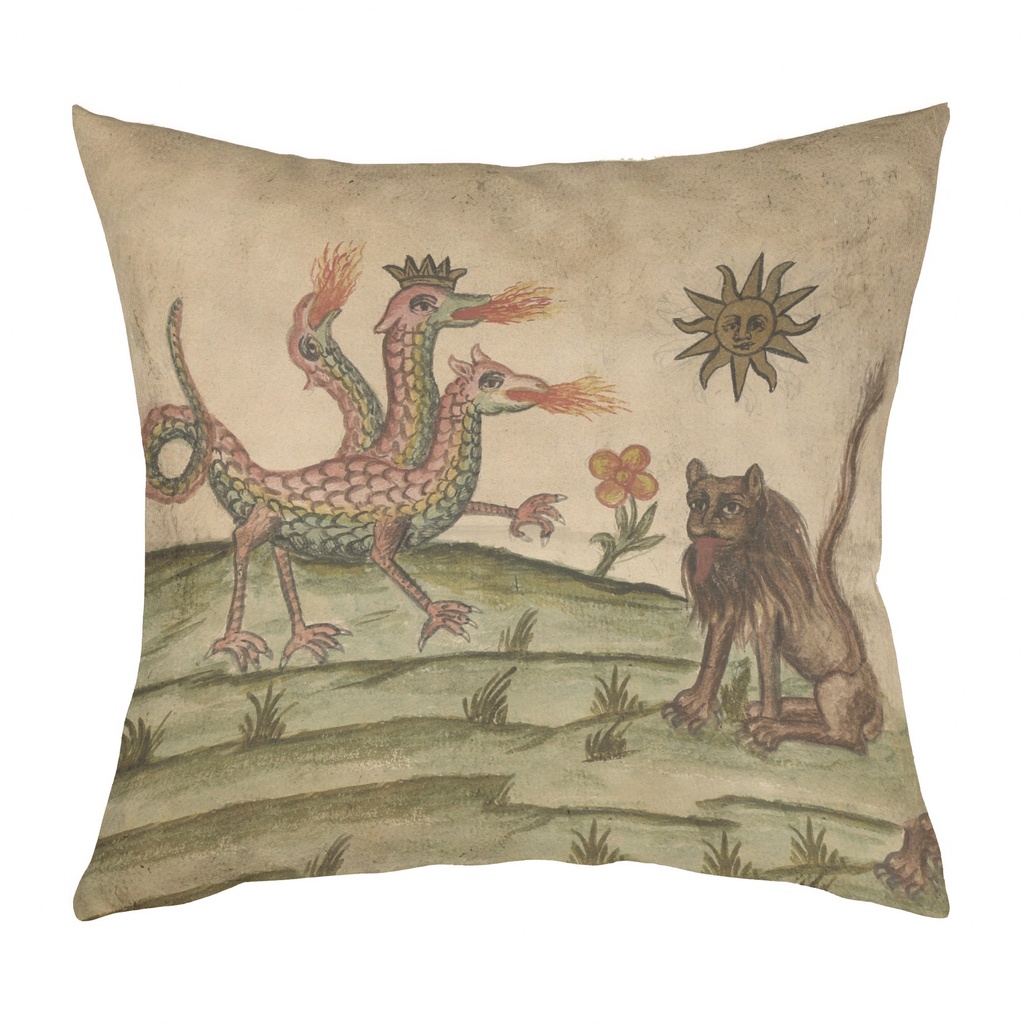 "Clavis Artis Extract - Lion and 3-Headed Dragon" 40cm x 40cm Faux Leather Cushion Cover (Antique White)