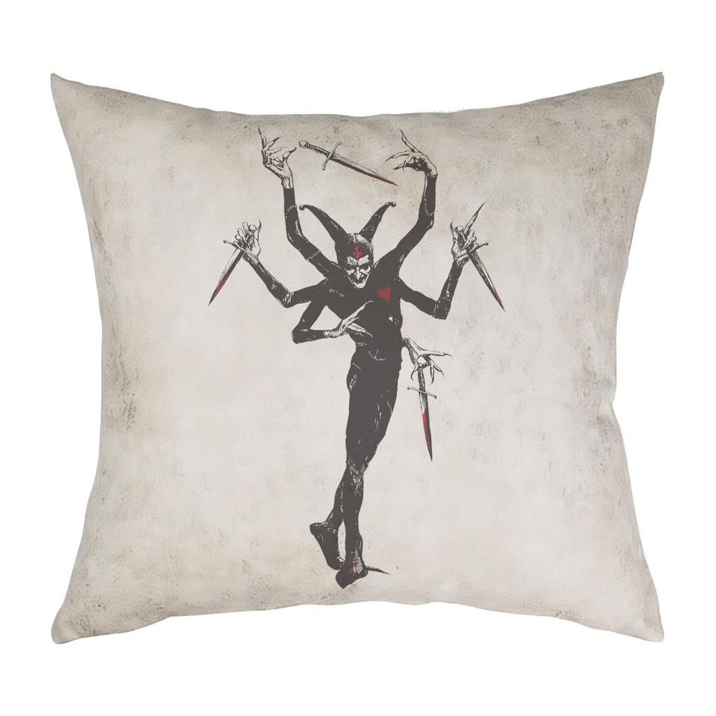 "Devil with Swords" 40cm x 40cm Faux Leather Cushion Cover (Antique White)