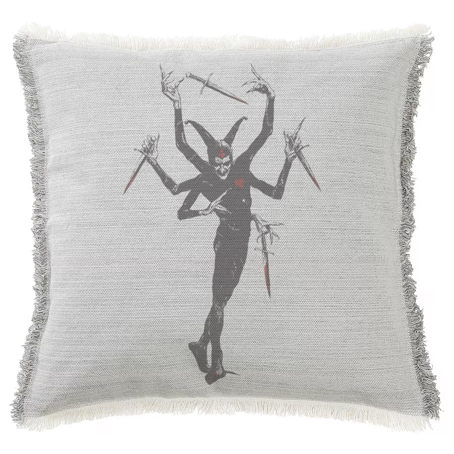 "Devil with Swords" 50cm x 50cm Fringed Cotton/Poly Cushion Cover