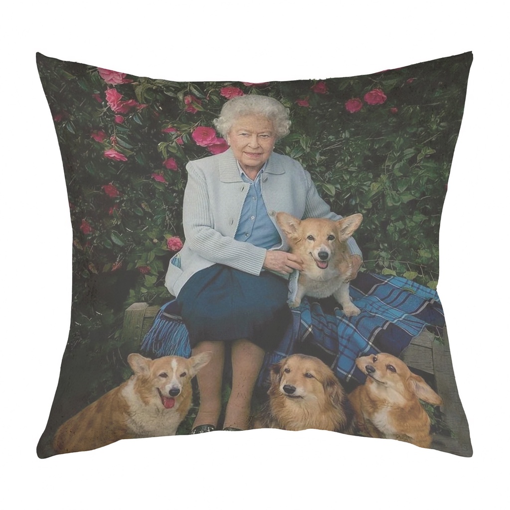"Elizabeth II and Her Corgis Detail" 40cm x 40cm Faux Leather Cushion Cover (Antique White)
