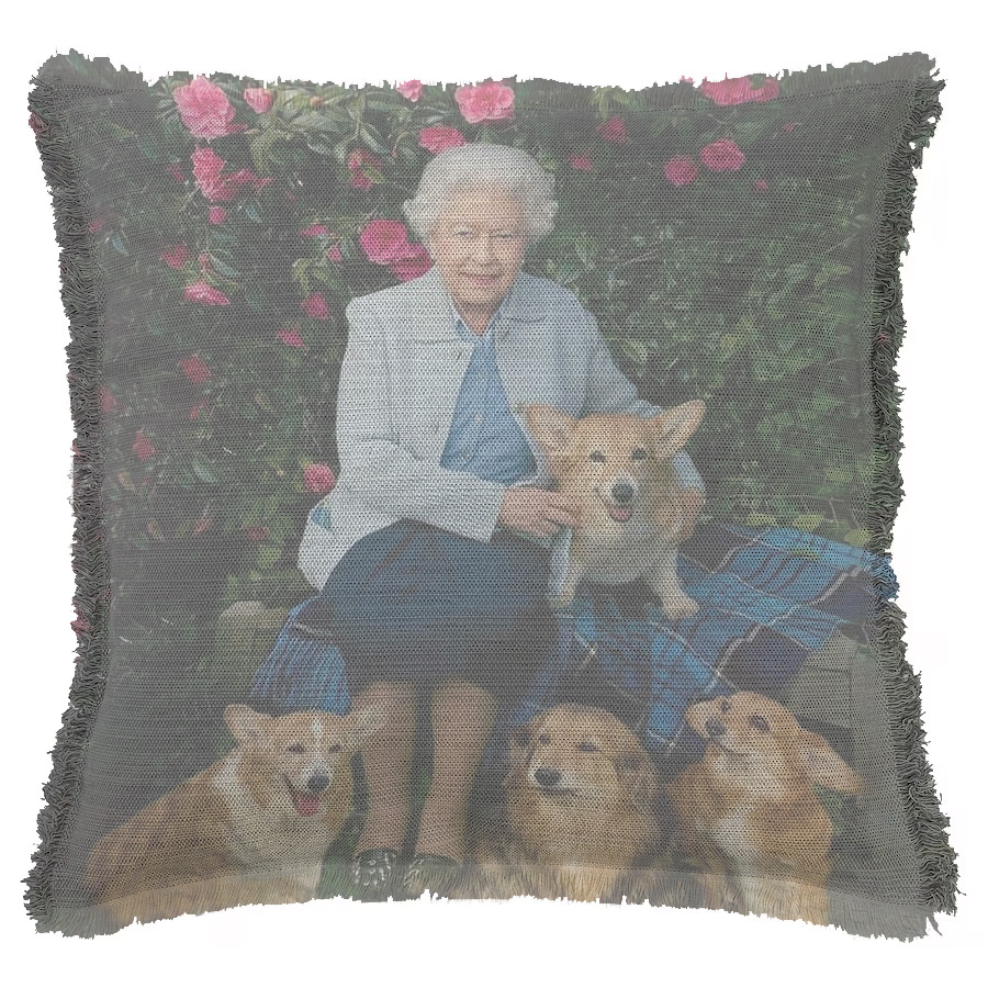 "Elizabeth II and Her Corgis" 50cm x 50cm Fringed Cotton/Poly Cushion Cover