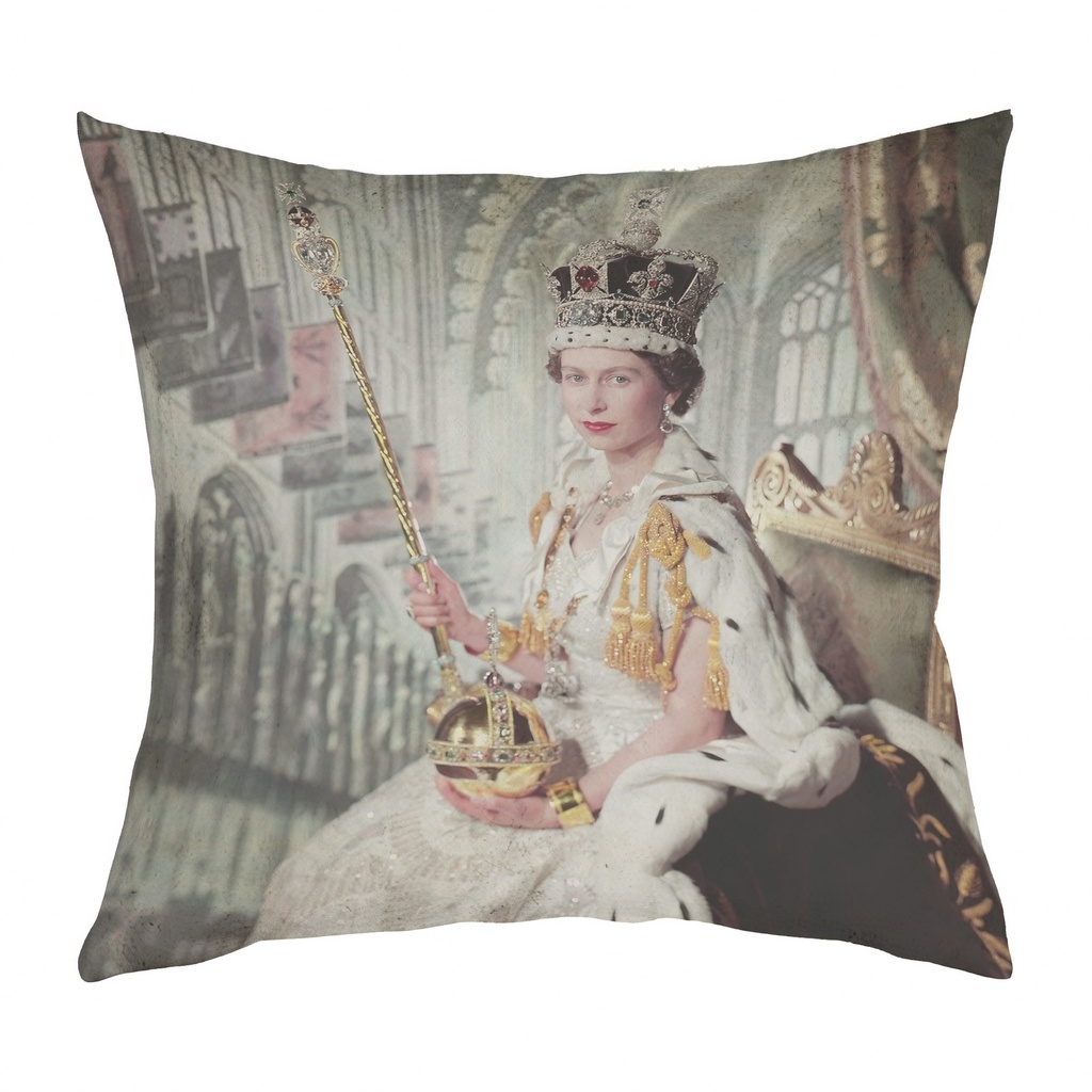 "Elizabeth II Coronation" 40cm x 40cm Faux Leather Cushion Cover (Antique White)