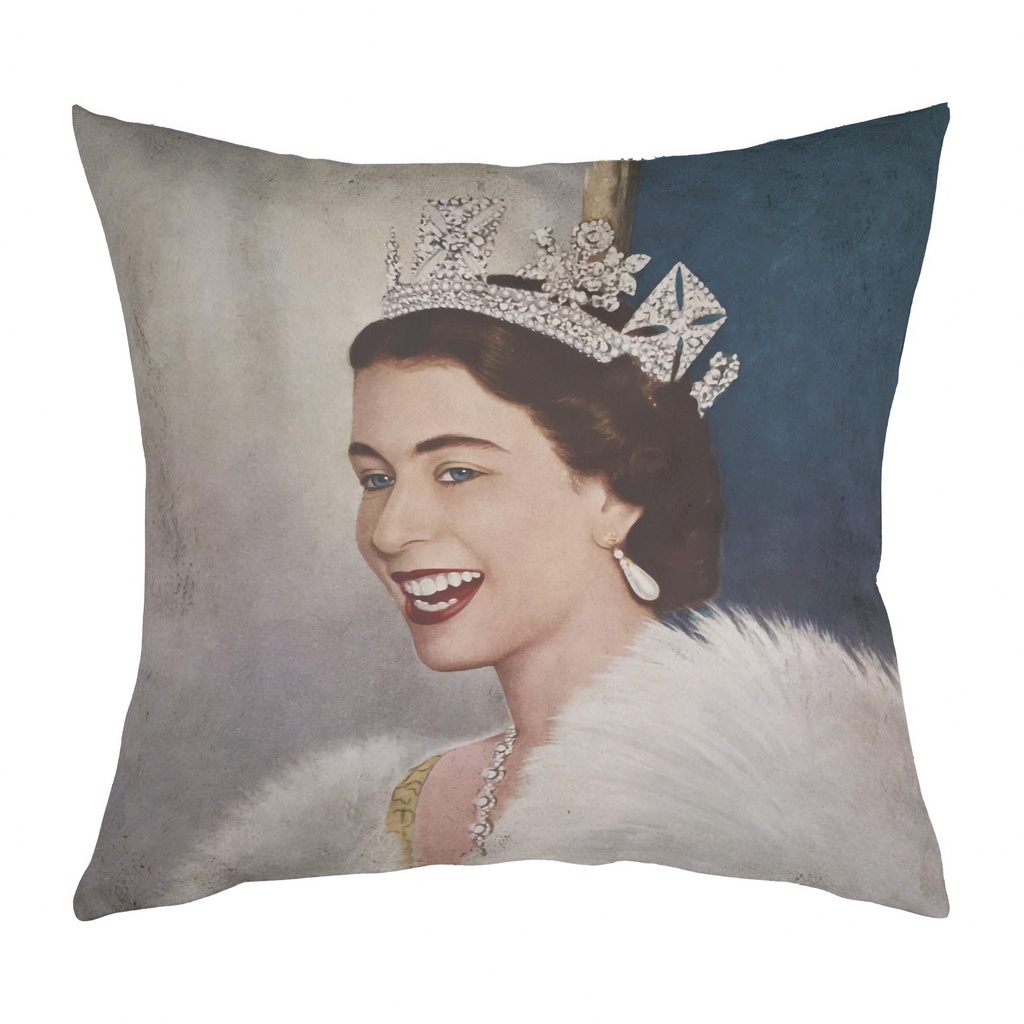 "Elizabeth II Laughing" 40cm x 40cm Faux Leather Cushion Cover (Antique White)
