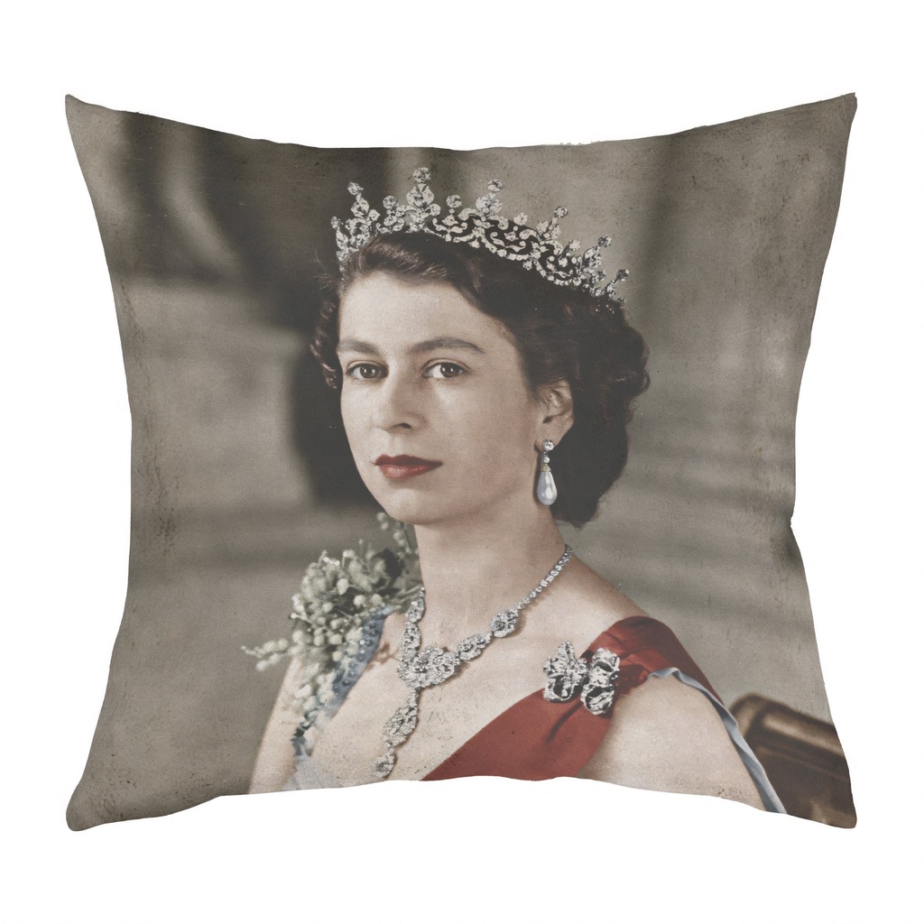"Elizabeth II Royal Portrait" 40cm x 40cm Faux Leather Cushion Cover  (Antique White)