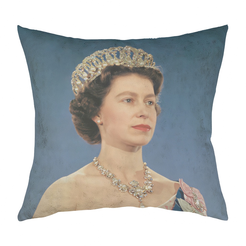 "Elizabeth II Royal Tour Detail" 40cm x 40cm Faux Leather Cushion Cover (Antique White)