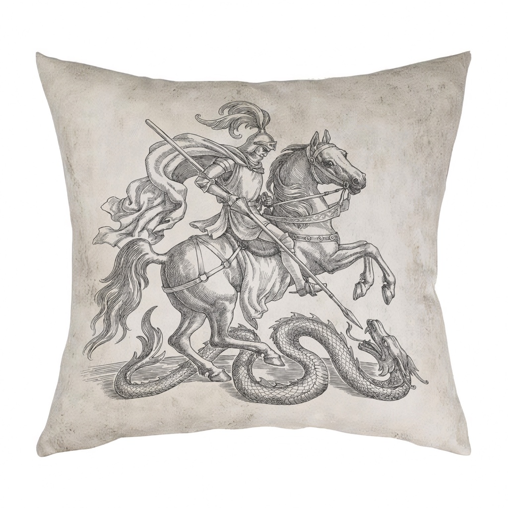"Saint George and the Dragon" 40cm x 40cm Faux Leather Cushion Cover (Antique White)