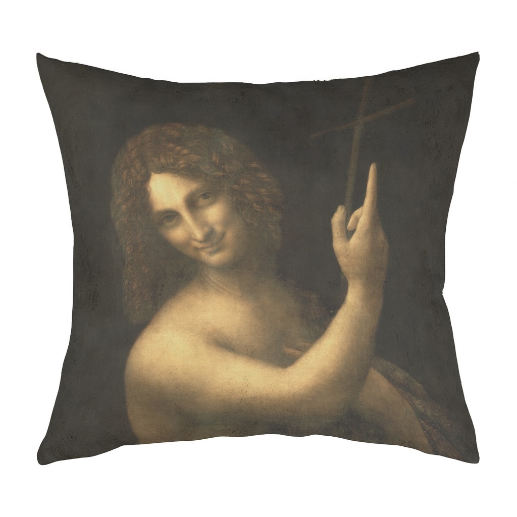 "John the Baptist" by Leonardo da Vinci 40cm x 40cm Faux Leather Cushion Cover (Antique White)