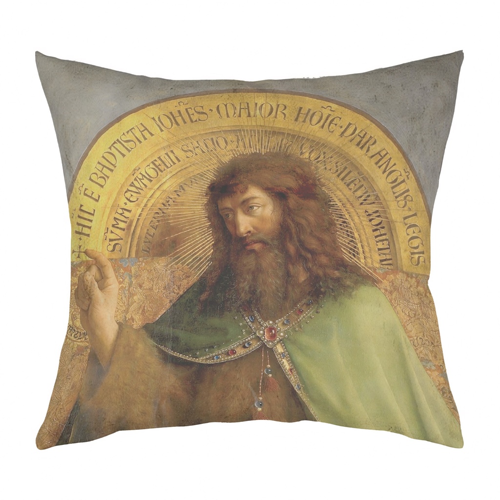 "John the Baptist from the Ghent Alterpiece" 40cm x 40cm Faux Leather Cushion Cover (Antique White)