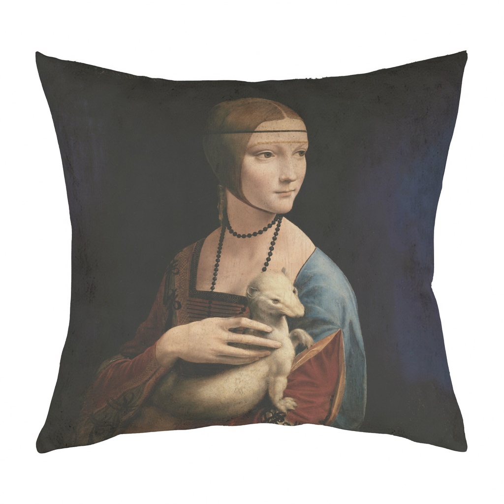 "Lady with an Ermine" by Leonardo da Vinci 40cm x 40cm Faux Leather Cushion Cover (Antique White)