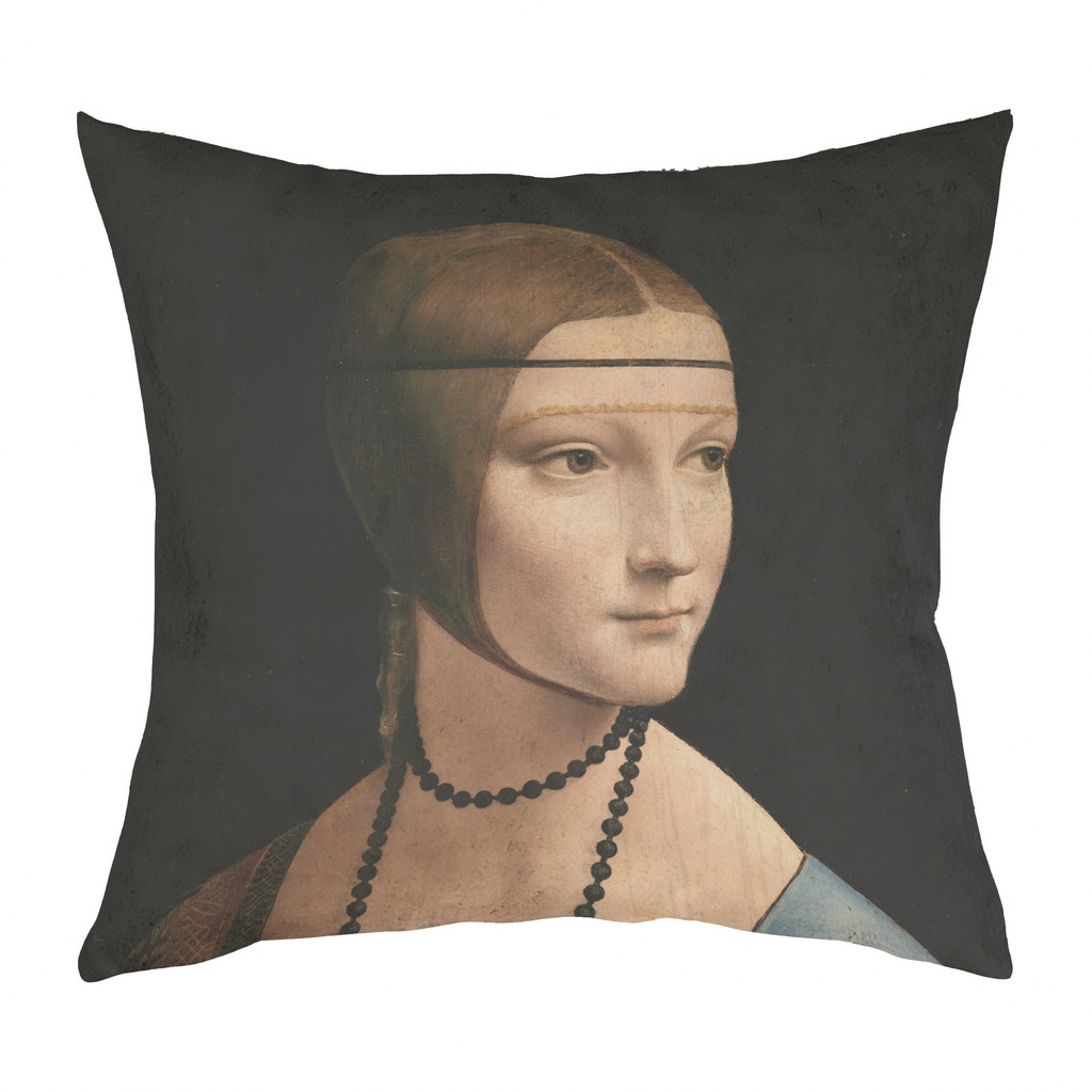 "Lady with an Ermine Detail" by Leonardo da Vinci 40cm x 40cm Faux Leather Cushion Cover (Antique White)