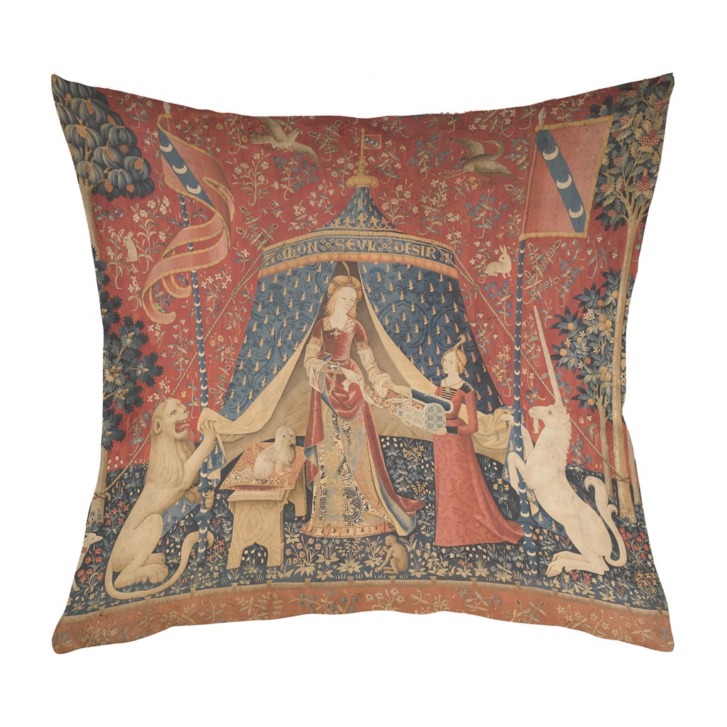"Lady and the Unicorn" 40cm x 40cm Faux Leather Cushion Cover (Antique White)