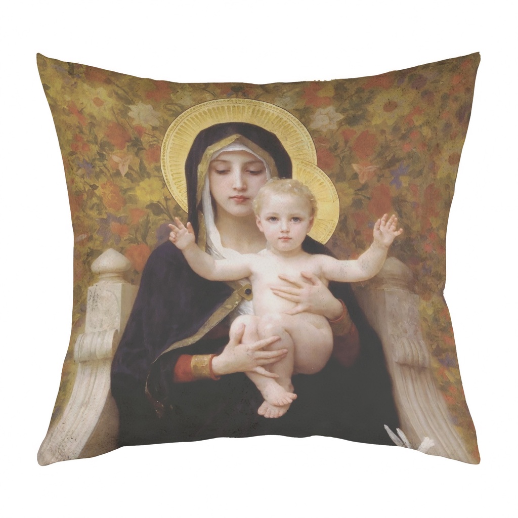 "Madonna of the Lillies" 40cm x 40cm Faux Leather Cushion Cover (Antique White)