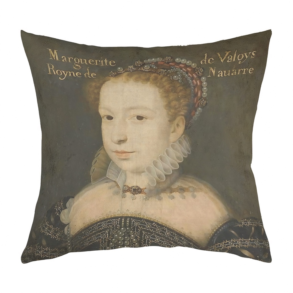 "Marguerite de Valois Portrait" 40cm x 40cm Faux Leather Cushion Cover (Antique White)