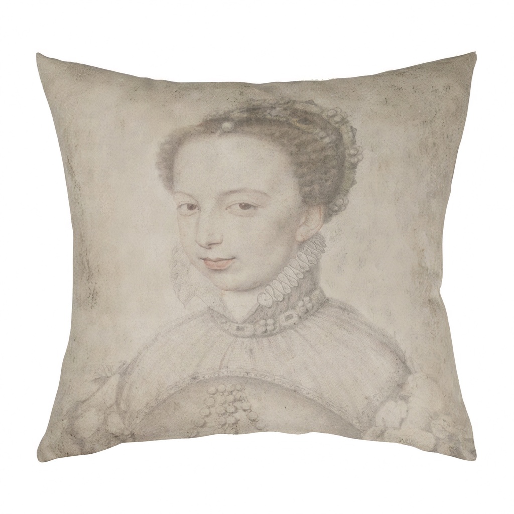 "Marguerite de Valois Sketch" 40cm x 40cm Faux Leather Cushion Cover (Antique White)