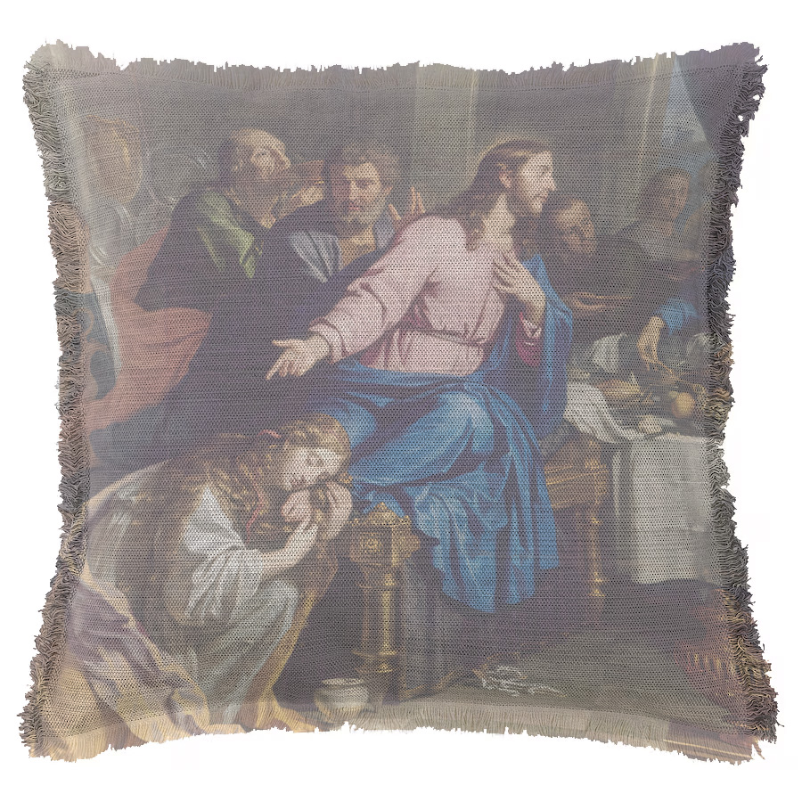 "Mary Magdalene, The Meal at Simon's (Left)" by Philippe de Champaign 50cm x 50cm Fringed Cotton/Poly Cushion Cover