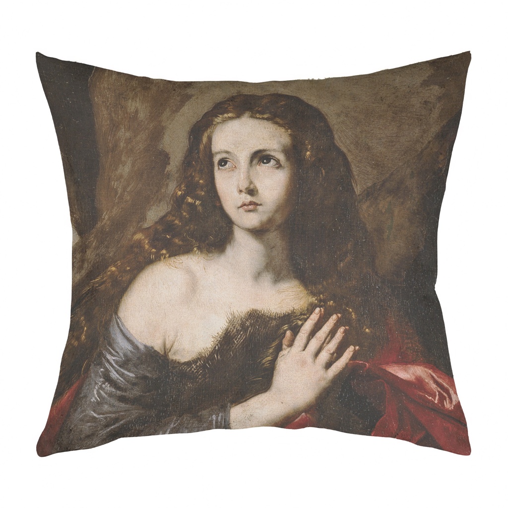 "Mary Magdalene" by José de Ribera 40cm x 40cm Faux Leather Cushion Cover (Antique White)