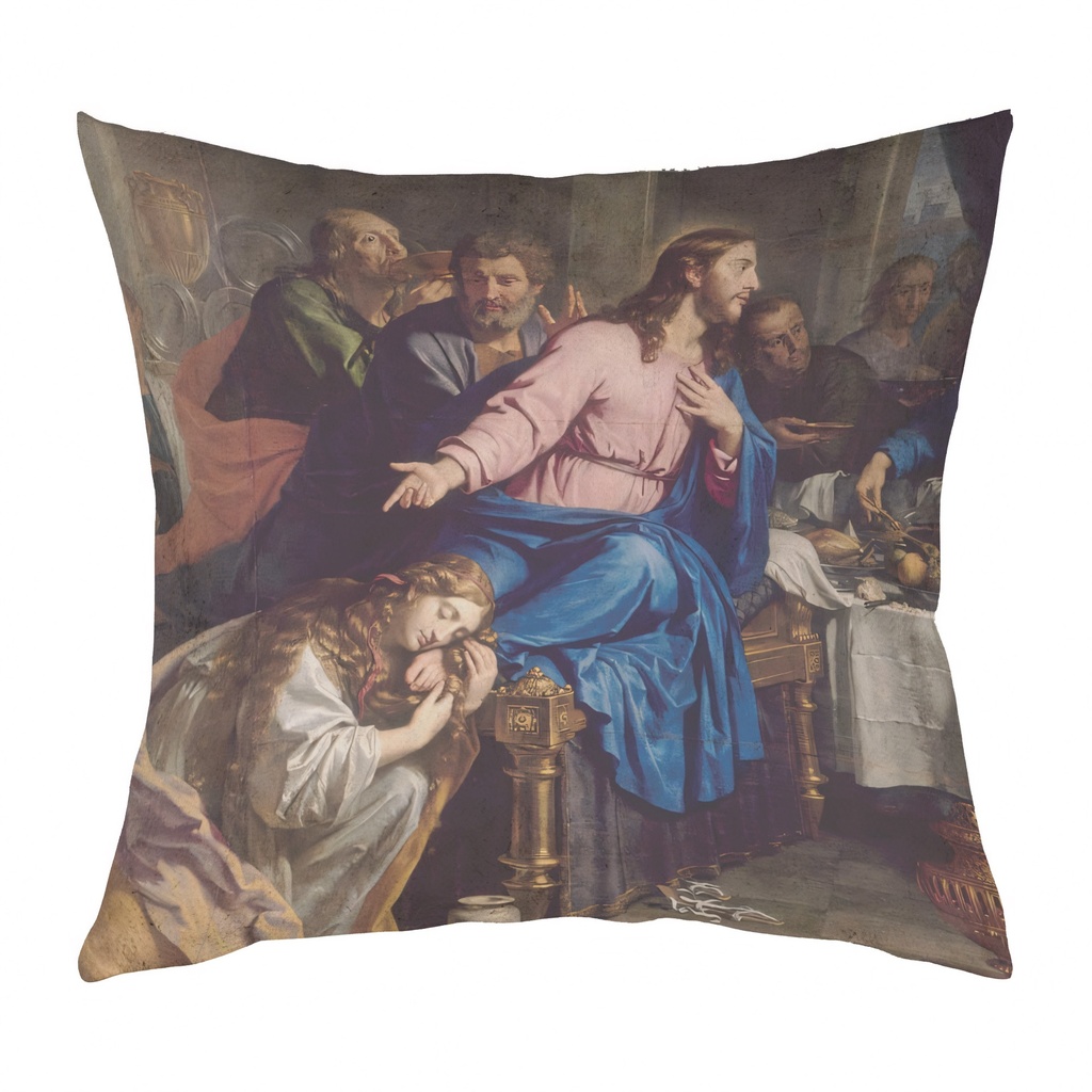 "Mary Magdalene, The Meal at Simon's (Left)" by Philippe de Champaign 40cm x 40cm Faux Leather Cushion Cover (Antique White)