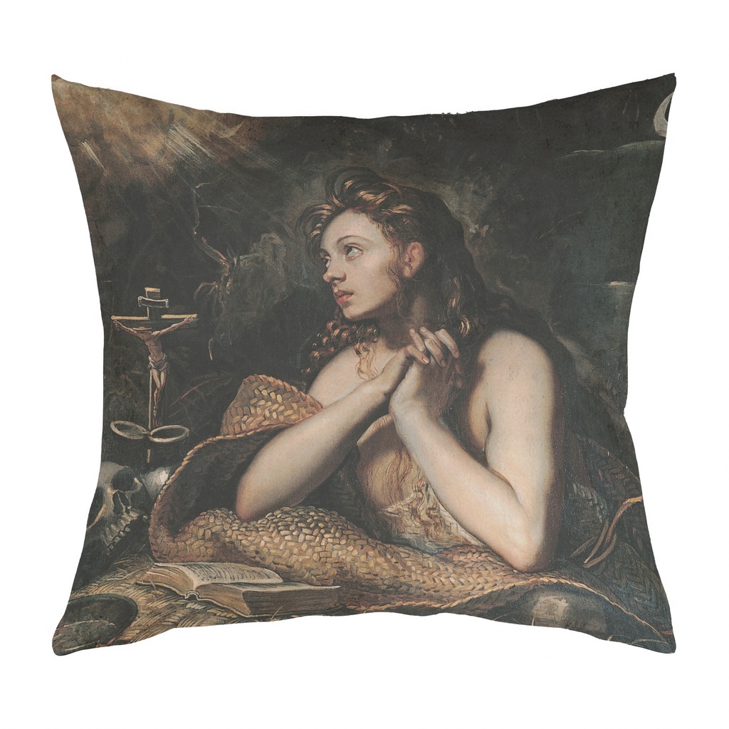 "Mary Magdalene" by Tintoretto 40cm x 40cm Faux Leather Cushion Cover (Antique White)