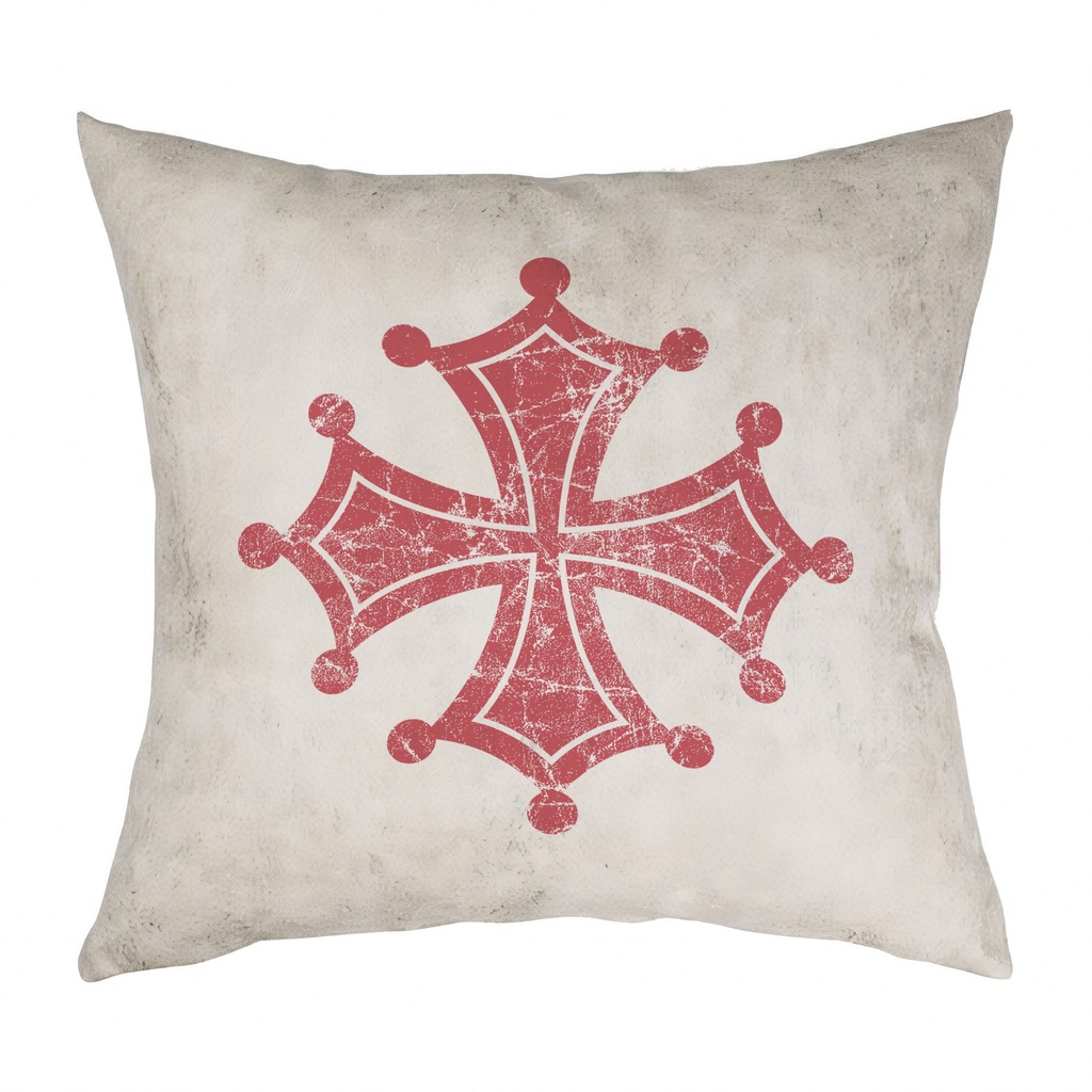 "Occitan Cross" 40cm x 40cm Faux Leather Cushion Cover (Antique White)
