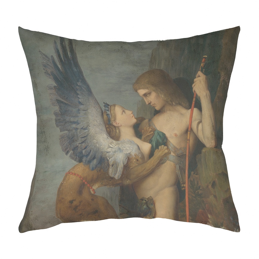 "Oedipus and the Sphinx" 40cm x 40cm Faux Leather Cushion Cover (Antique White)