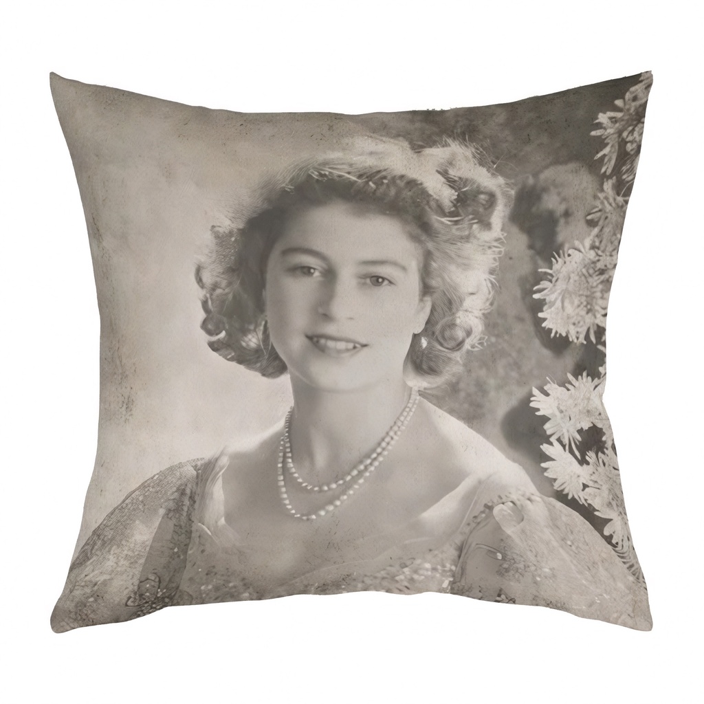 "Princess Elizabeth Detail (Queen Elizabeth II)" 40cm x 40cm Faux Leather Cushion Cover (Antique White)