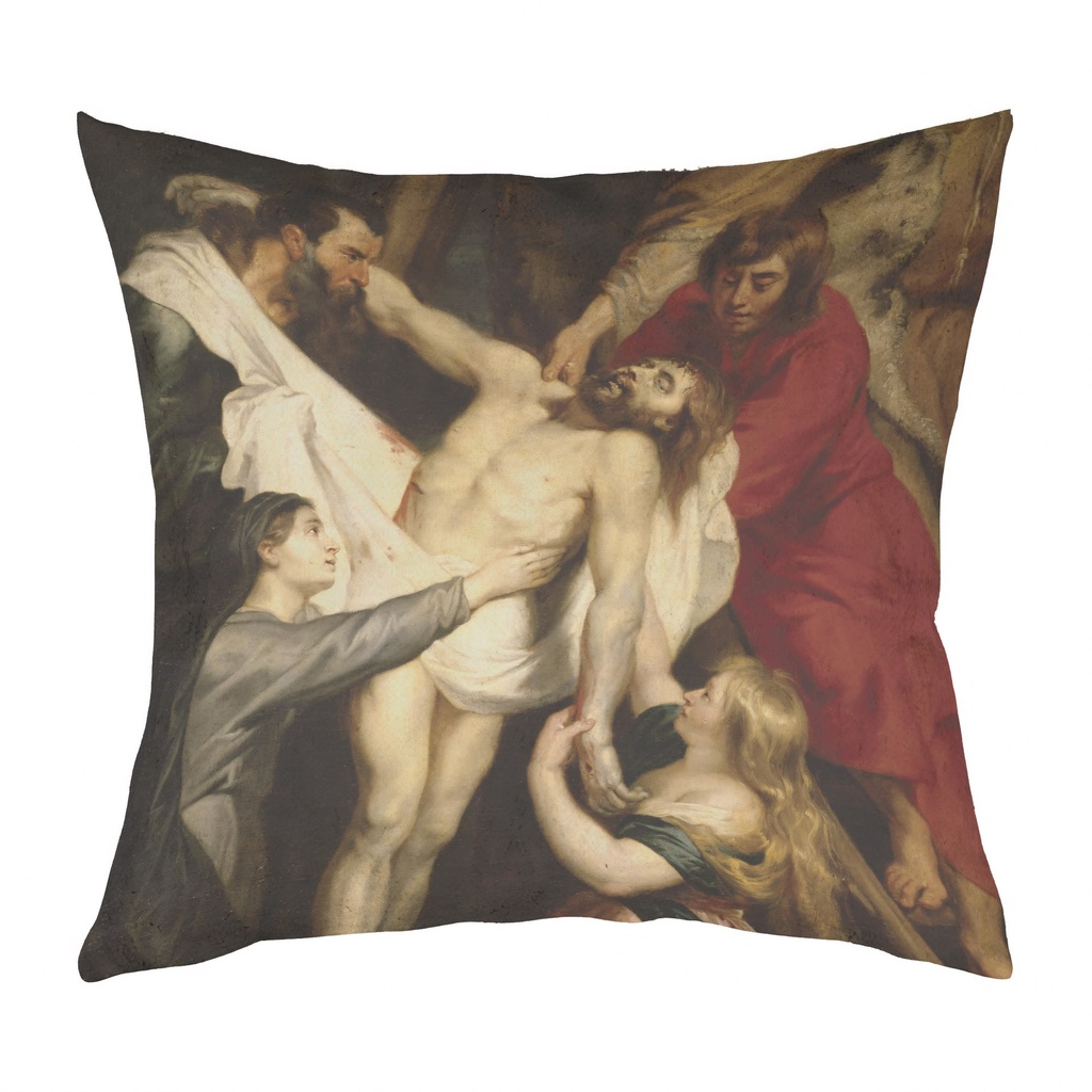 "Rubens, Descente de Croix" 40cm x 40cm Faux Leather Cushion Cover (Antique White)