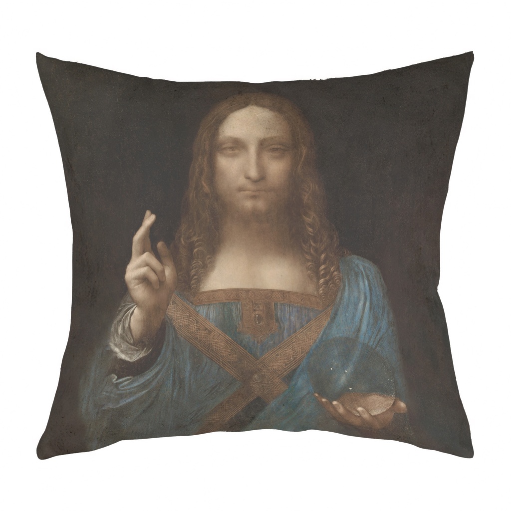 "Salvator Mundi" by Leonardo da Vinci 40cm x 40cm Faux Leather Cushion Cover (Antique White)
