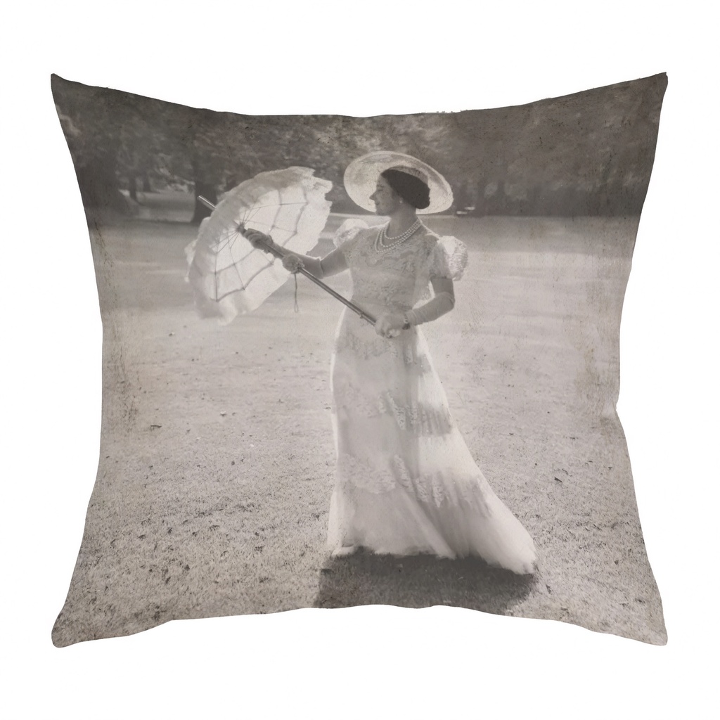 "The Queen Mother in the Garden" 40cm x 40cm Faux Leather Cushion Cover (Antique White)