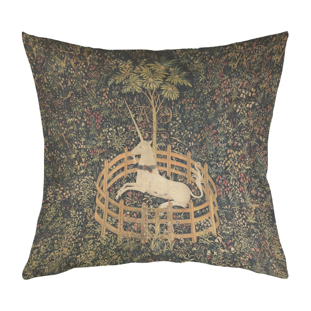 "The Unicorn Rests in a Garden" 40cm x 40cm Faux Leather Cushion Cover