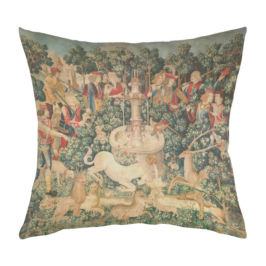 "The Unicorn Purifies Water" 40cm x 40cm Faux Leather Cushion Cover (Antique White)