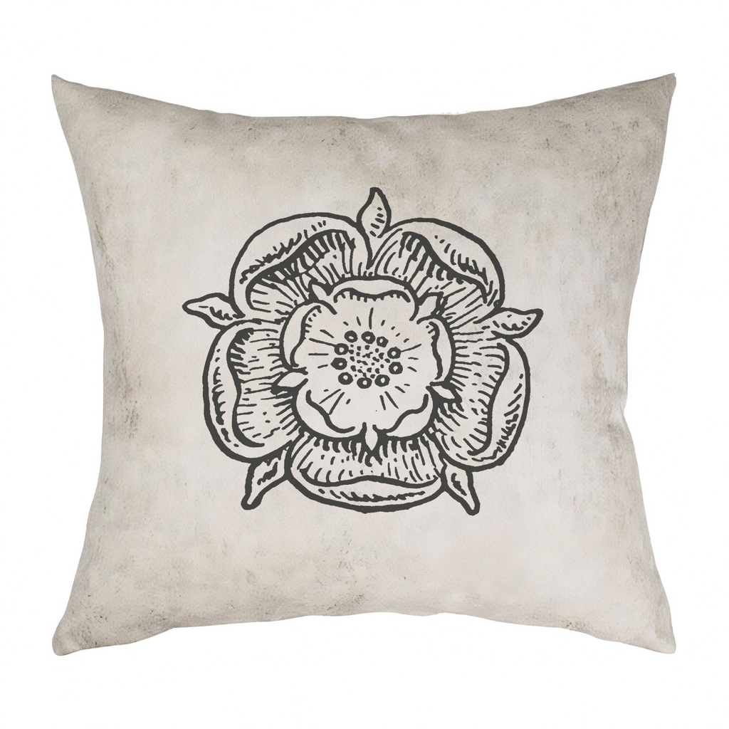 "Tudor Rose Woodcut" 40cm x 40cm Faux Leather Cushion Cover (Antique White)