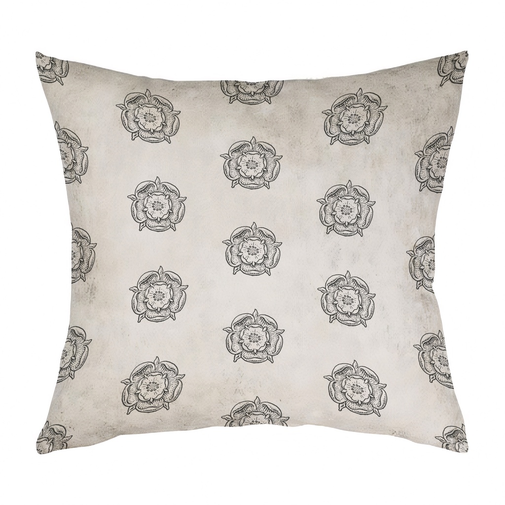 "Tudor Rose Woodcut Pattern" 40cm x 40cm Faux Leather Cushion Cover (Antique White)