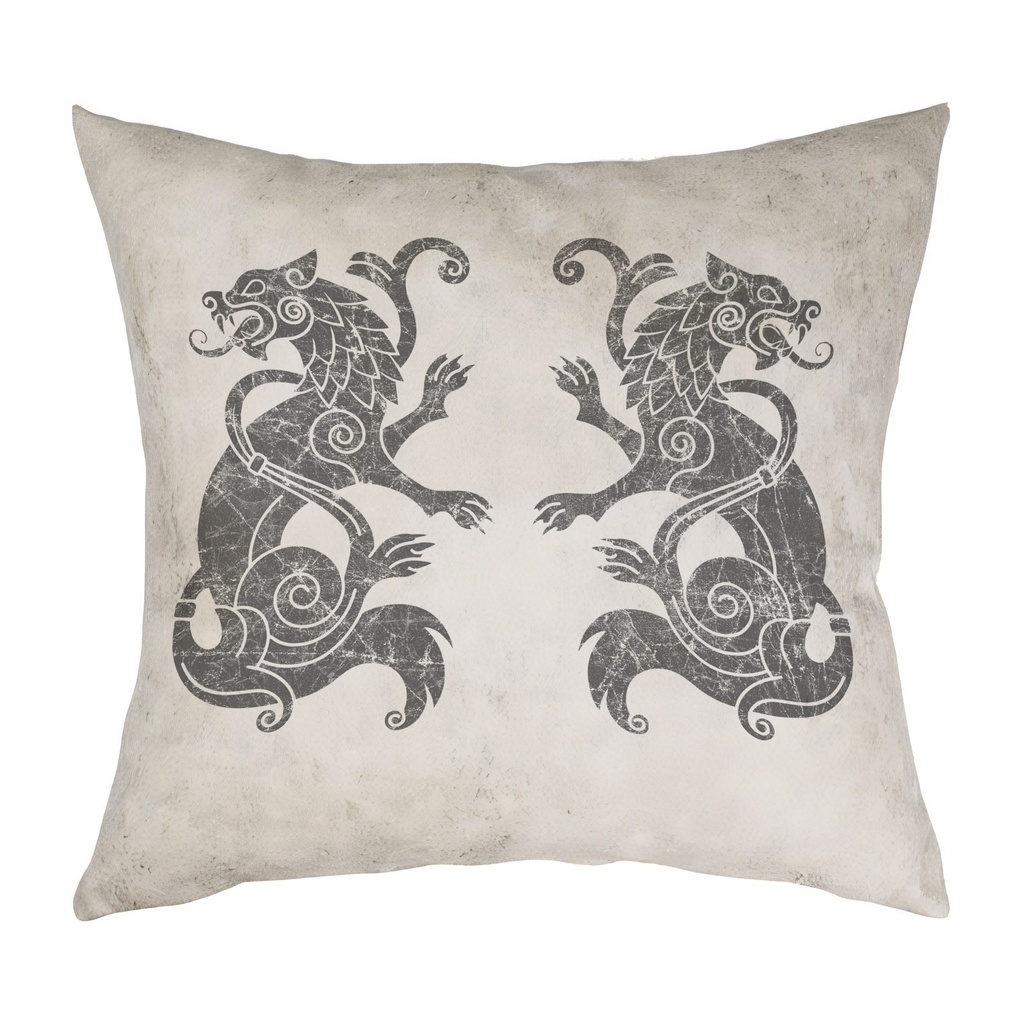 "Viking Beasts" 40cm x 40cm Faux Leather Cushion Cover (Antique White)