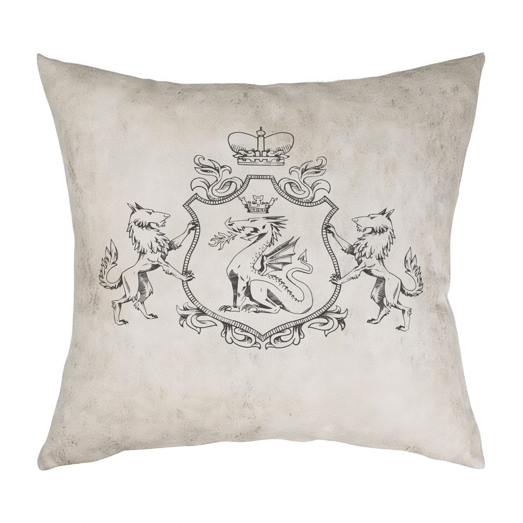 "Wolf and Dragon Arms" 40cm x 40cm Faux Leather Cushion Cover (Antique White)